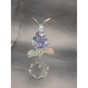 5.5" Handblown Glass Fluted Bell Hummingbird Gold Wings Tail Blue Flower